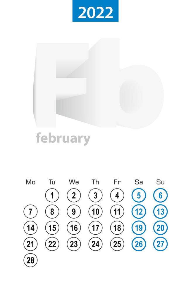 Calendar for February 2022, blue circle design. English language, week starts on Monday. vector