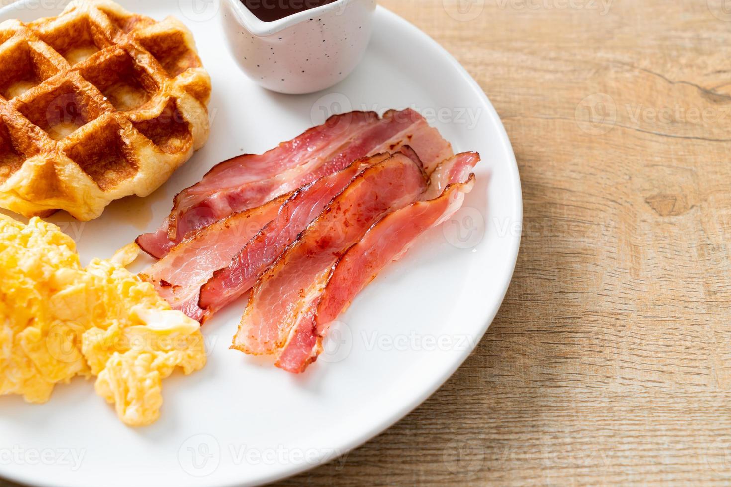scrambled egg with bacon and waffle photo