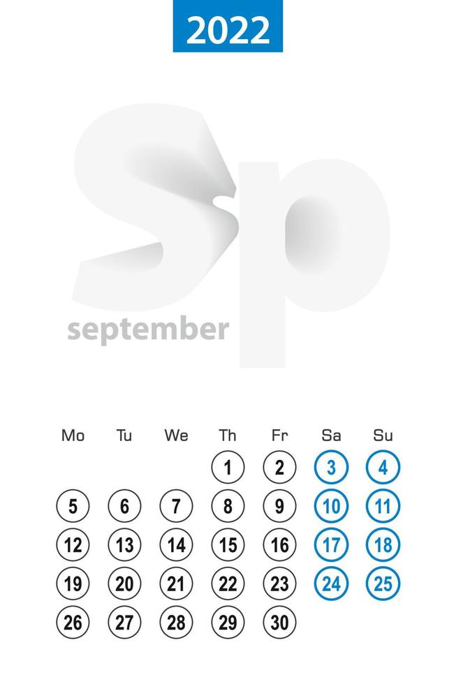 calendario para septiembre de 2022, diseño de círculo azul. idioma inglés, la semana comienza el lunes. vector