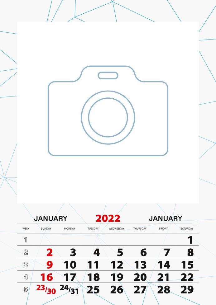 Wall calendar planner template for January 2022, week starts on sunday. vector