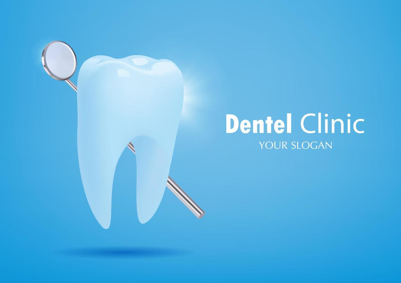 Big tooth and dentist mirror on blue background . Vector illustration .