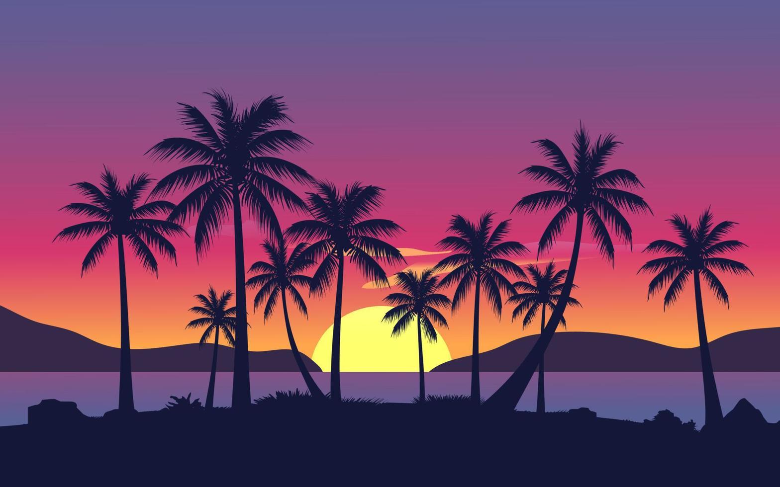 ilustración de puesta de sol en la playa con cielo degradado vibrante vector