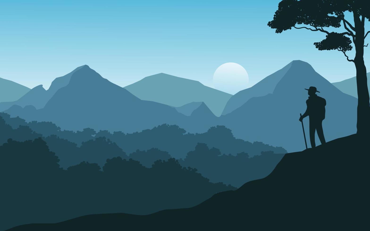 Mountain and forest vector illustration with silhouette of tourist