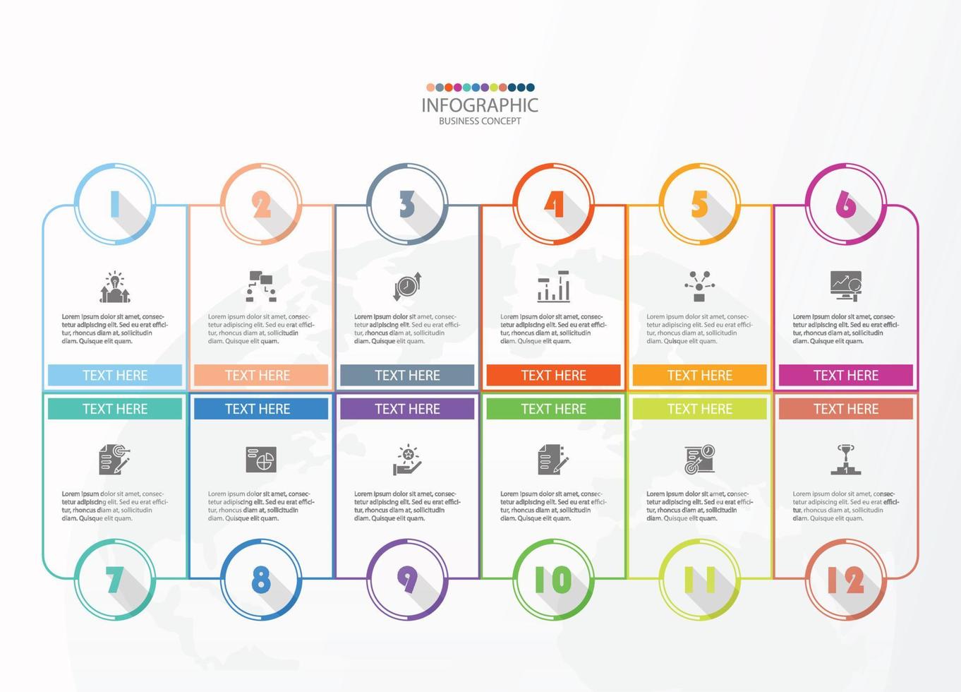 Square shape infographic with 12 steps, process or options, process chart, Used for process diagram, presentations, workflow layout, flow chart, infograph. Vector eps10 illustration.