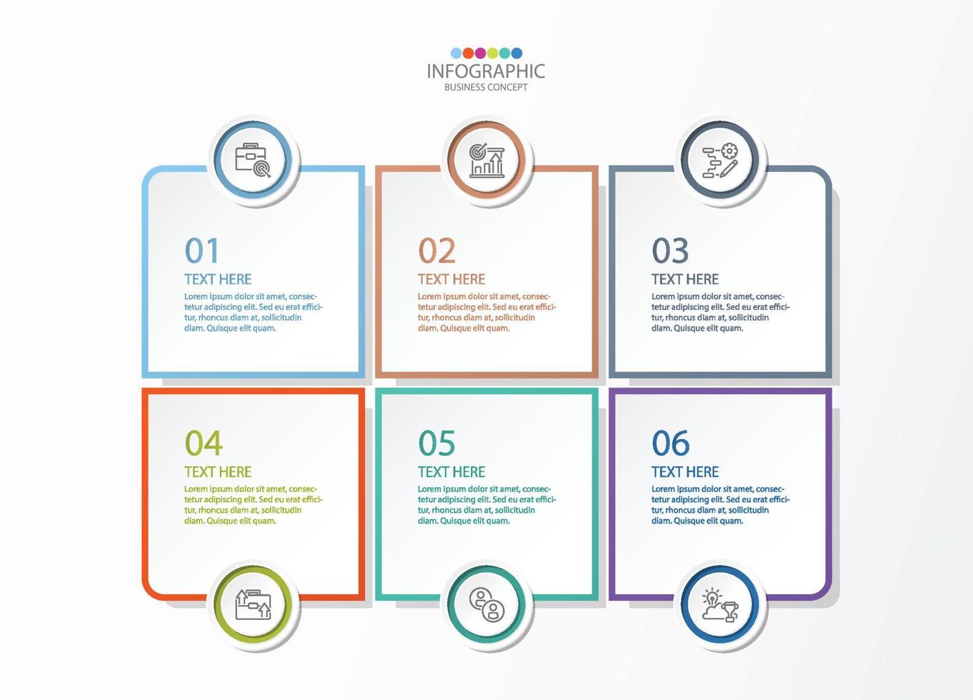 Square shape infographic with 6 steps, process or options, process chart, Used for process diagram, presentations, workflow layout, flow chart, infograph. Vector eps10 illustration.