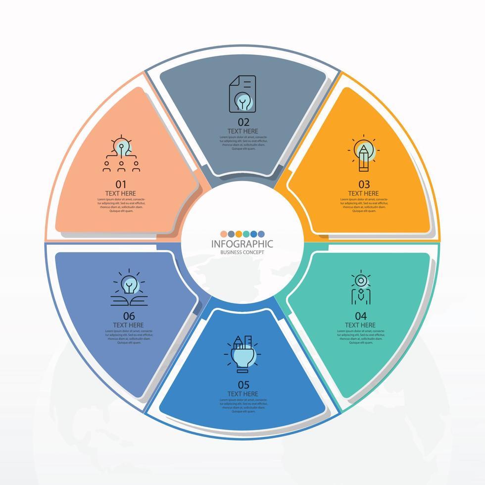 Basic circle infographic template with 6 steps, process or options, process chart, Used for process diagram, presentations, workflow layout, flow chart, infograph. Vector eps10 illustration.