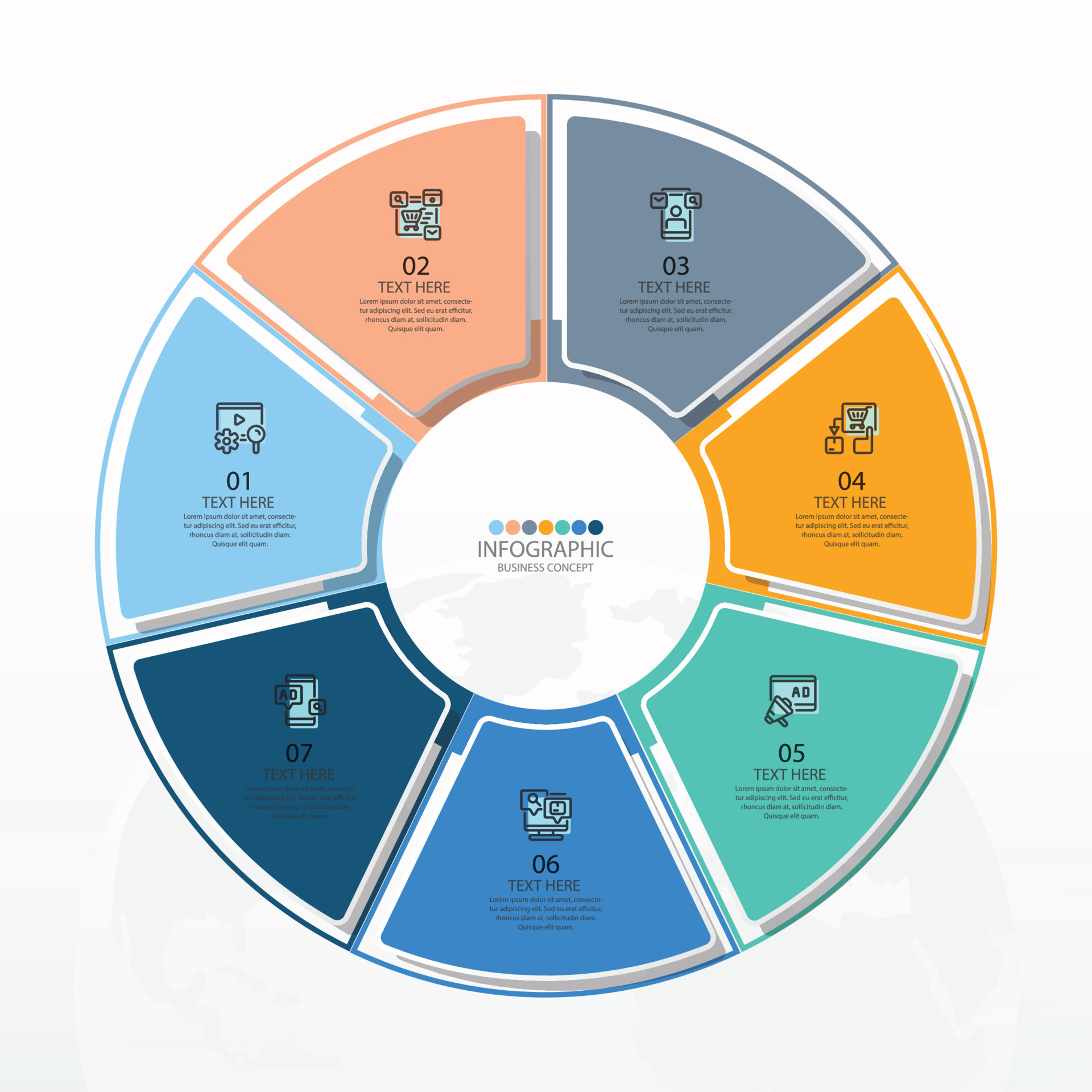 Basic circle infographic template with 7 steps, process or options
