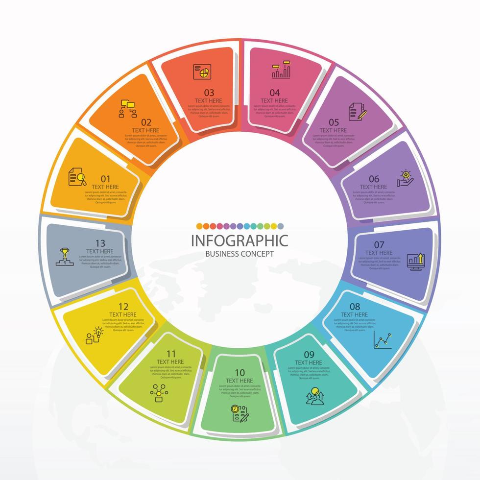 Plantilla de infografía de círculo básico con 13 pasos, proceso u opciones, diagrama de proceso, utilizado para diagrama de proceso, presentaciones, diseño de flujo de trabajo, diagrama de flujo, infografía. ilustración vectorial eps10. vector