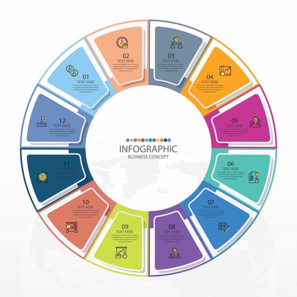 Basic circle infographic template with 12 steps, process or options, process chart, Used for process diagram, presentations, workflow layout, flow chart, infograph. Vector eps10 illustration.