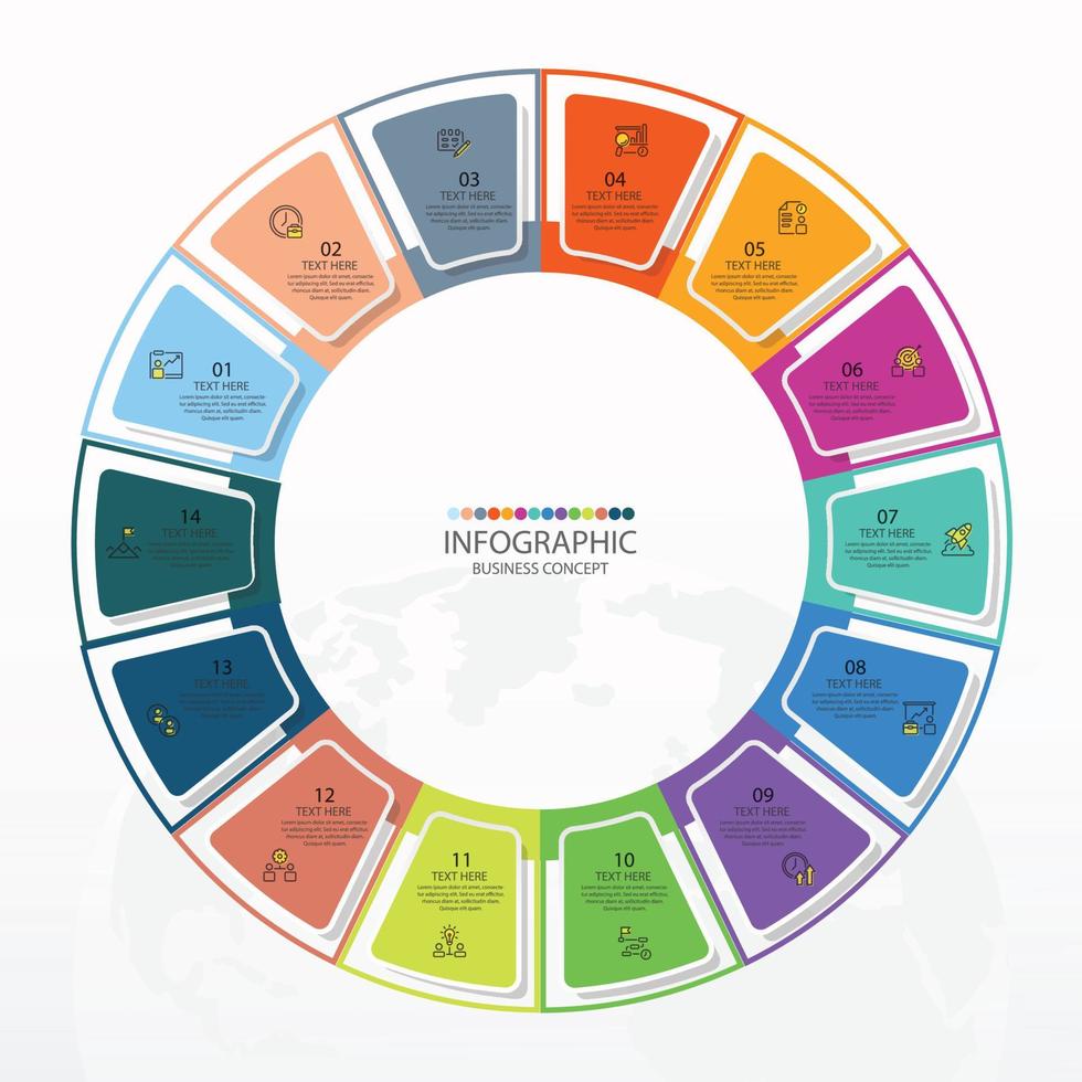 Basic circle infographic template with 14 steps, process or options, process chart, Used for process diagram, presentations, workflow layout, flow chart, infograph. Vector eps10 illustration.