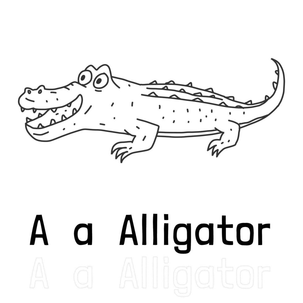 Alphabet letter a for alligator coloring page, coloring animal illustration vector