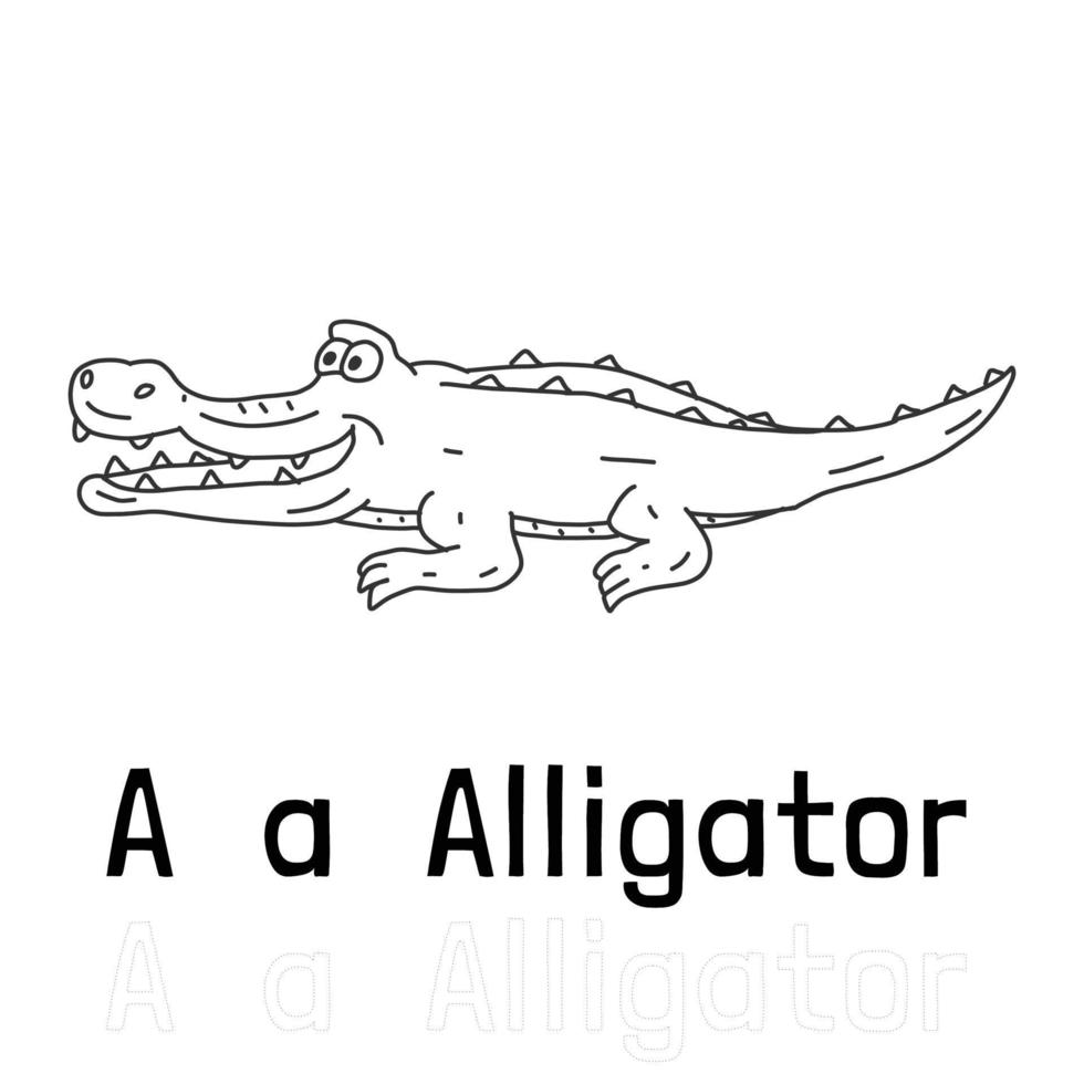 Alphabet letter a for alligator coloring page, coloring animal illustration vector