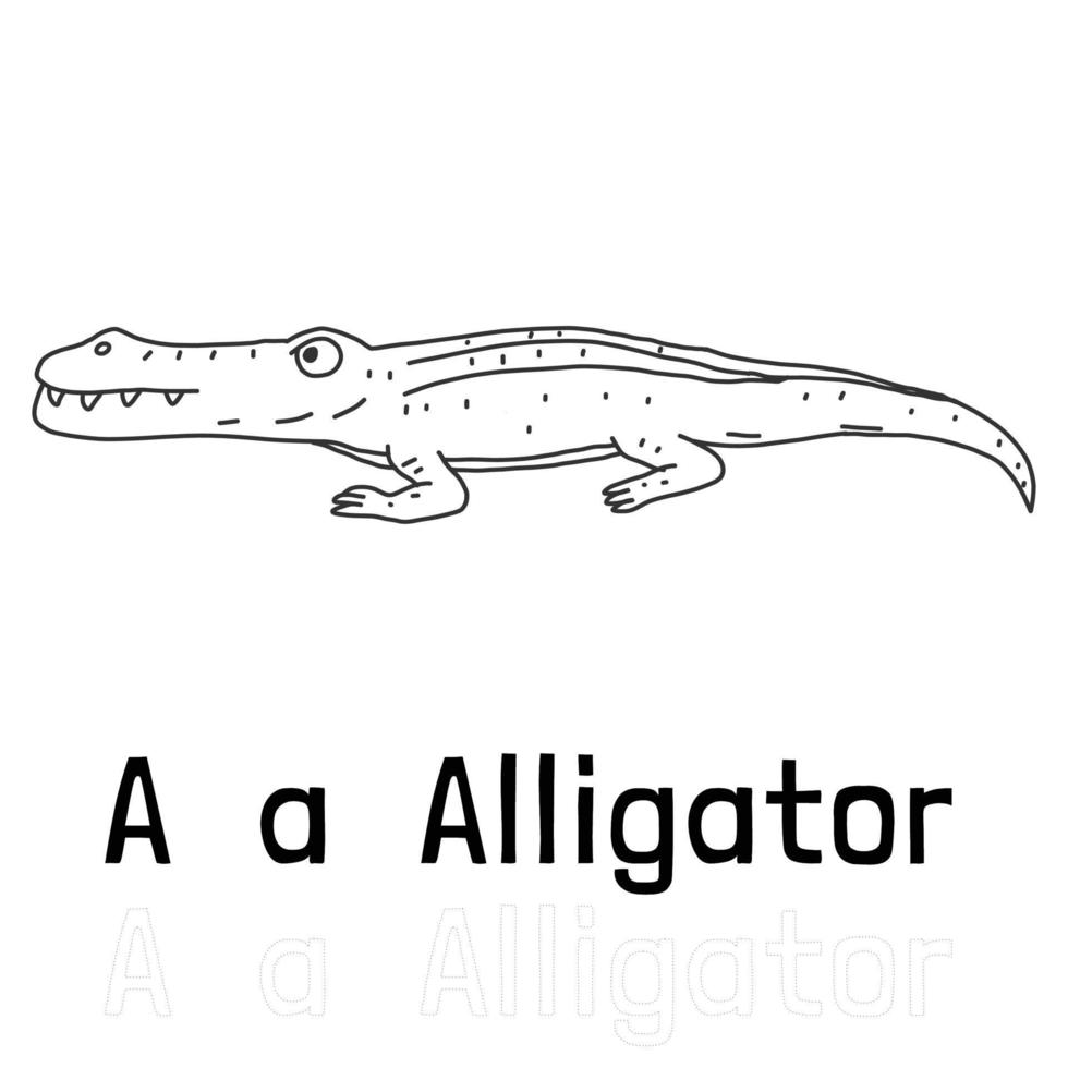 Alphabet letter a for alligator coloring page, coloring animal illustration vector