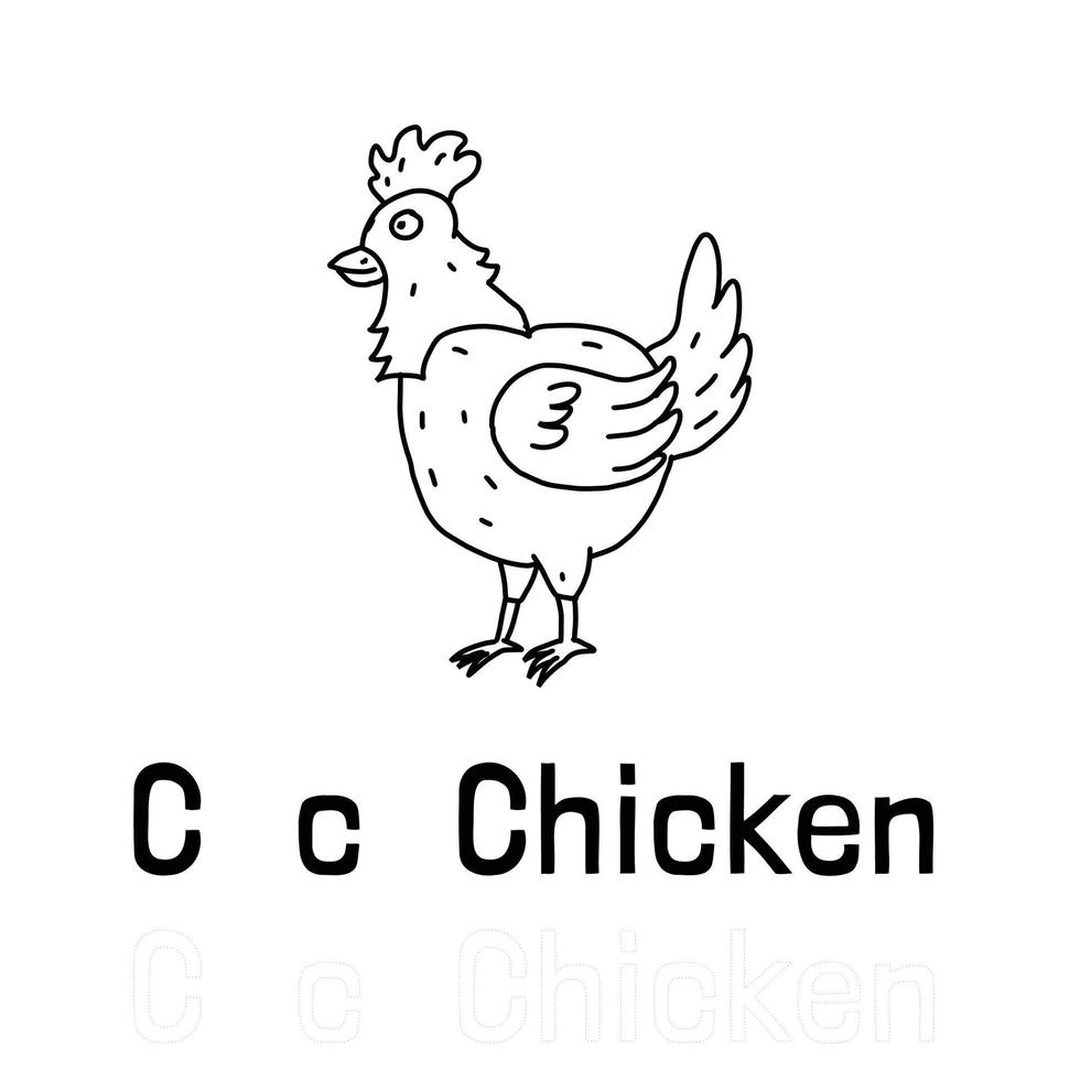 Alphabet letter c for chicken coloring page, coloring animal illustration vector