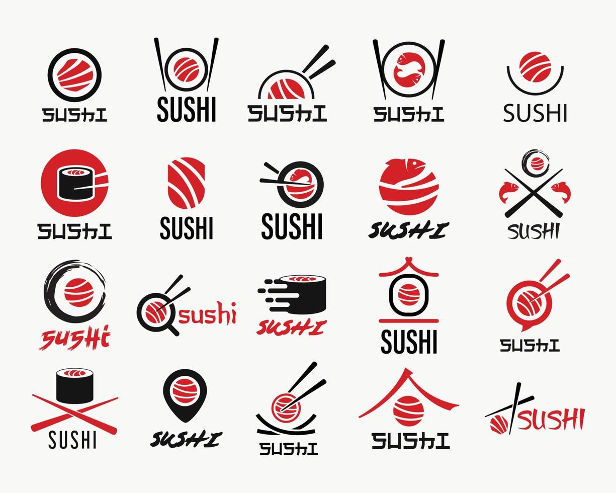 Sushi vector logo set. Graphic symbol with fish cut into sushi and rolls