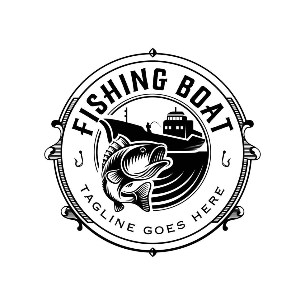 logo de pesca con bote o bote con ilustraciones de peces en un concepto antiguo vector