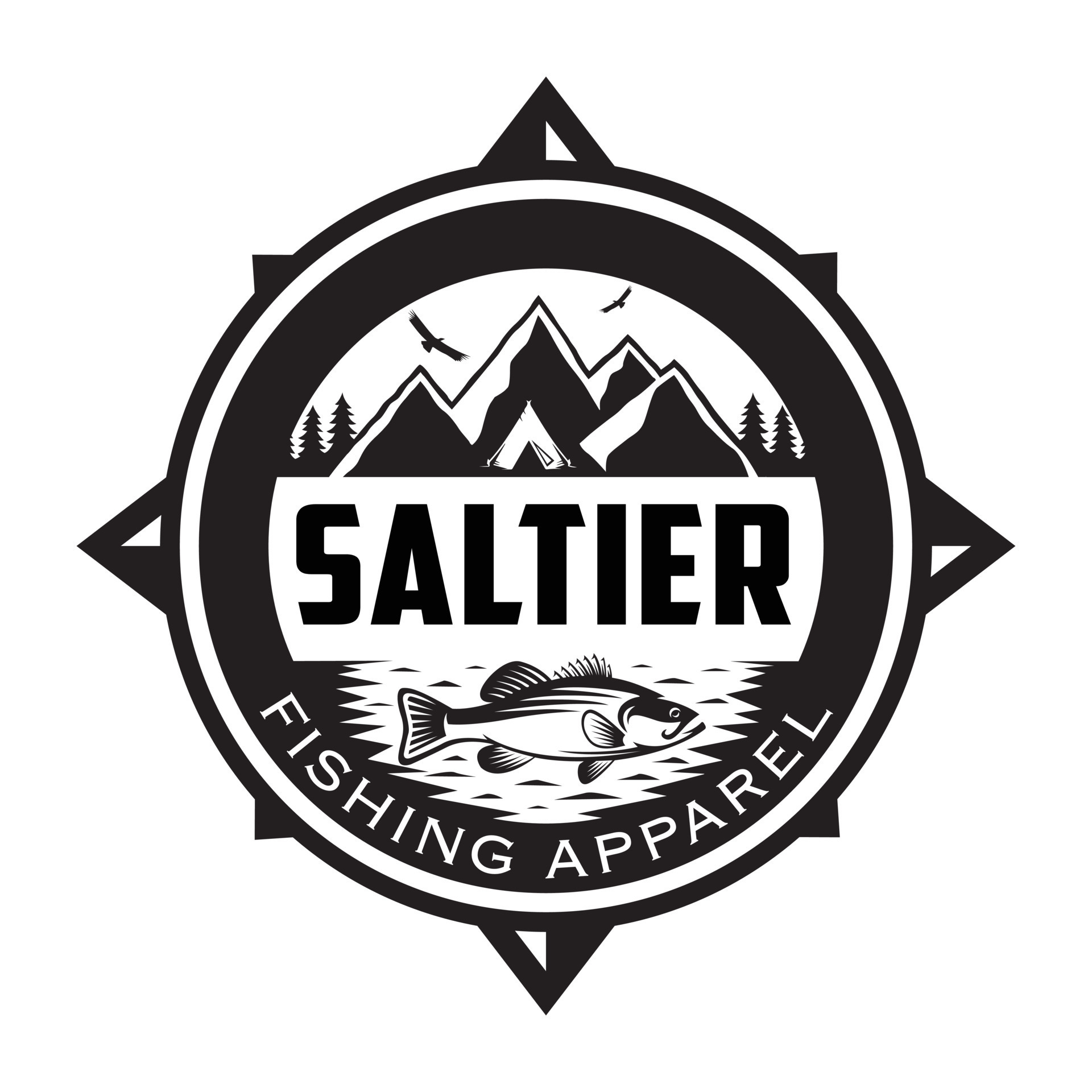 Saltier, apparel, camp, mountains and adventure logos with black