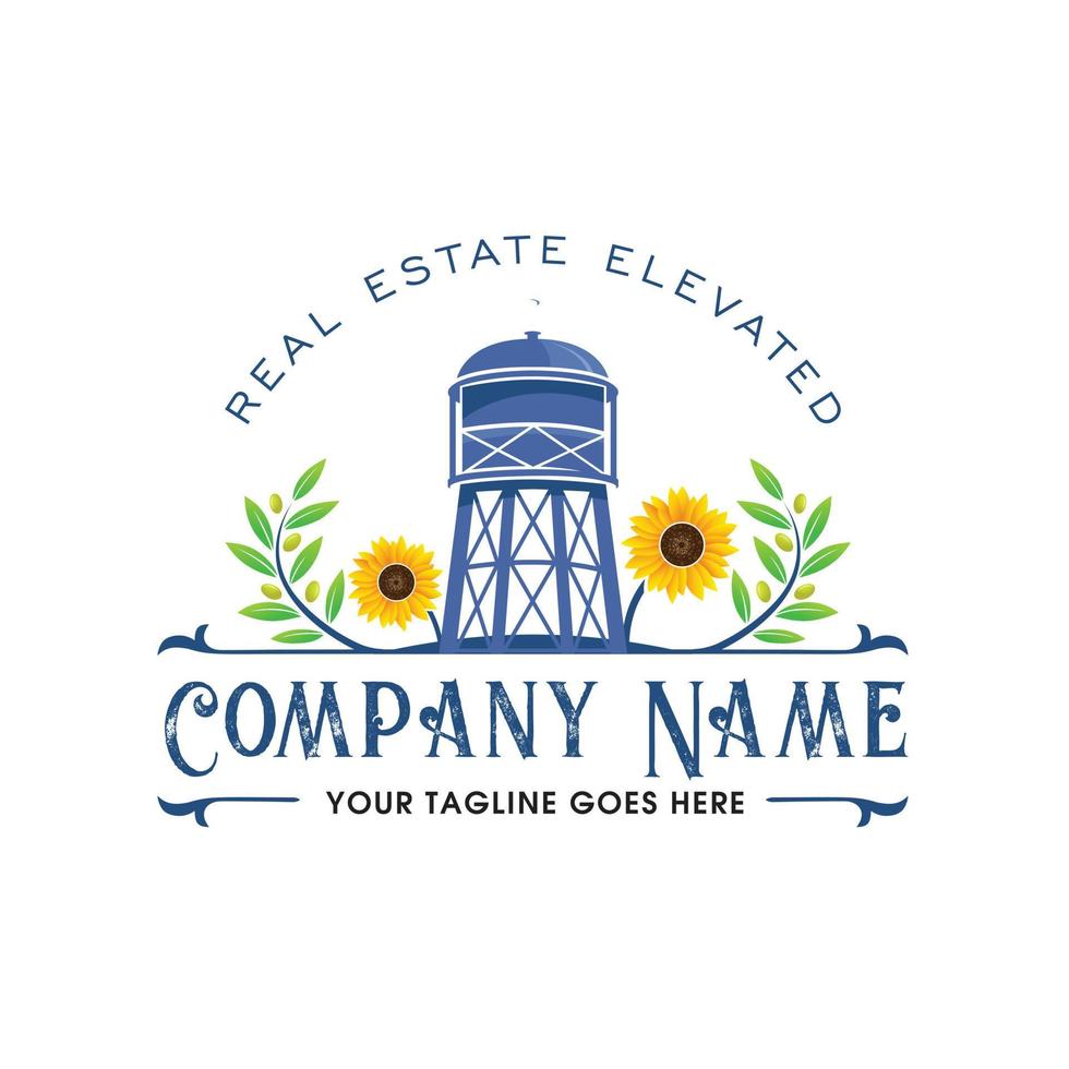 Logo of the water tower on the farmland with lots of sunflowers and olives with classic and modern concepts vector