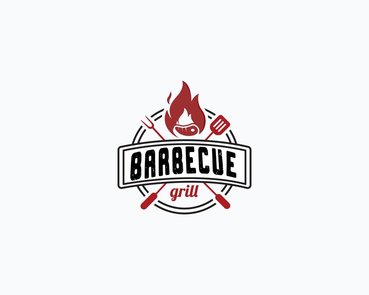 Barbecue restaurant - Logo icon of Barbecue, Grill and Bar with fire, grill fork and spatula. BBQ logo template. Vector illustration