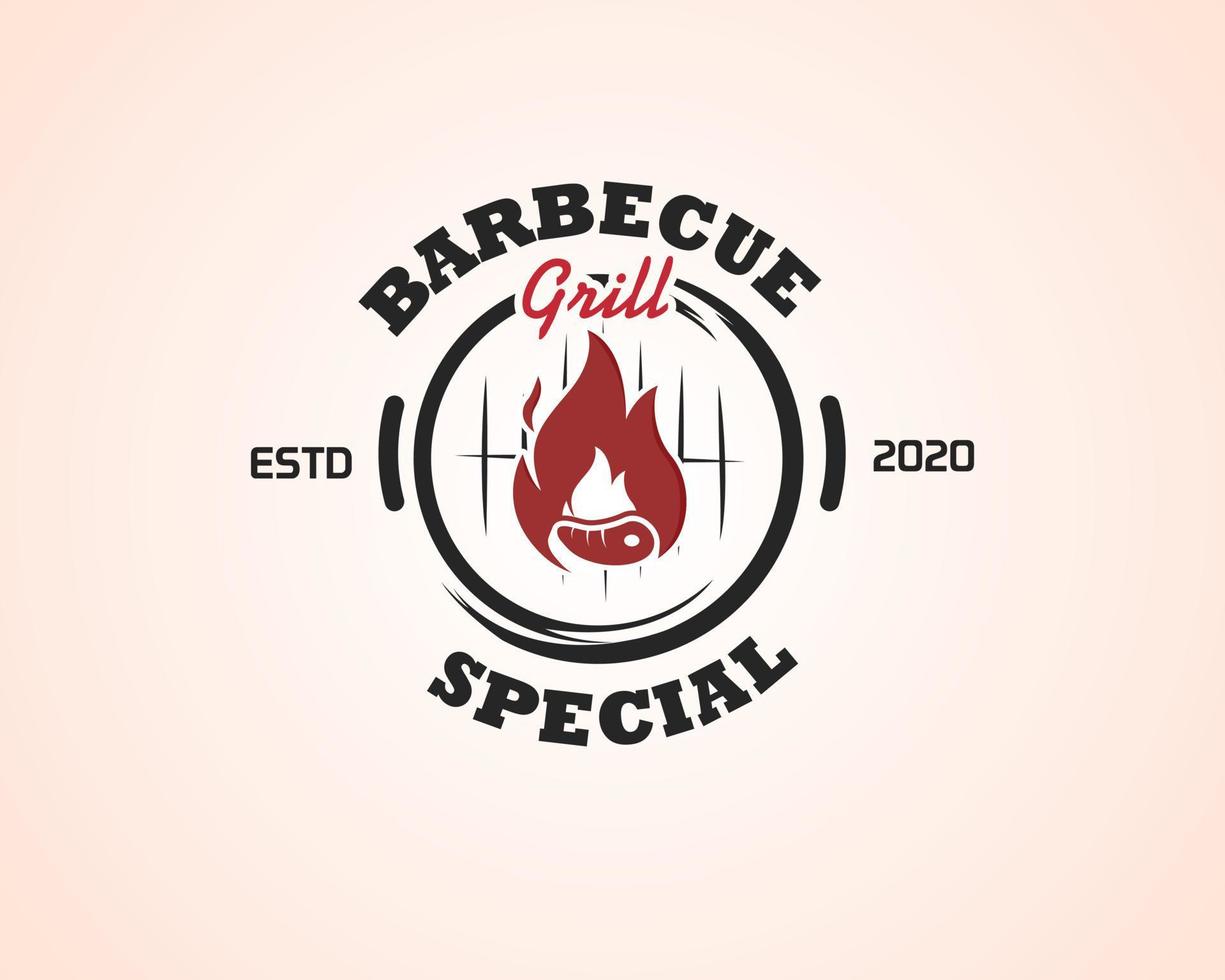 Barbecue restaurant - Logo icon of Barbecue, Grill and Bar with fire, grill fork and spatula. BBQ logo template. Vector illustration