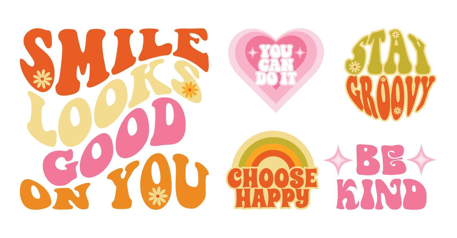 Set of groovy motivational slogan, 60s print for graphic tee vector
