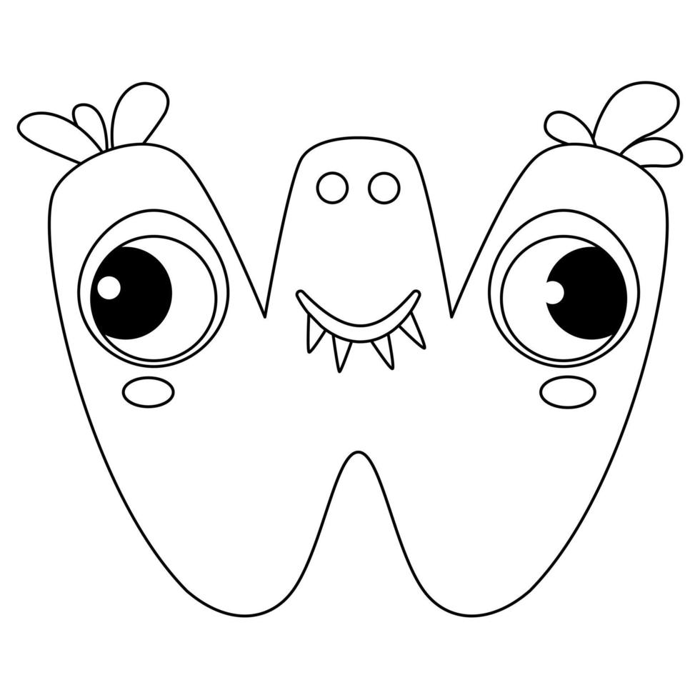 Letter W. Monster english alphabet coloring page book for children with funny and sad monsters. Funny font of cartoon characters vector font letters of comic monster creature faces.