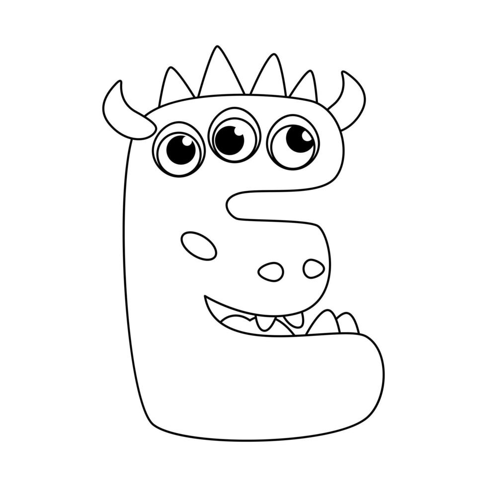 Letter E. Monster english alphabet coloring page book for children with funny and sad monsters. Funny font of cartoon characters vector font letters of comic monster creature faces.