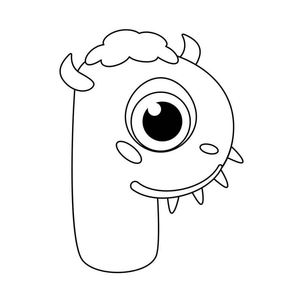 Letter P. Monster english alphabet coloring page book for children with funny and sad monsters. Funny font of cartoon characters vector font letters of comic monster creature faces.