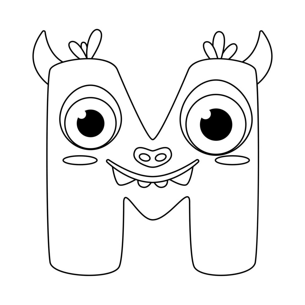 Letter M. Monster english alphabet coloring page book for children with funny and sad monsters. Funny font of cartoon characters vector font letters of comic monster creature faces.