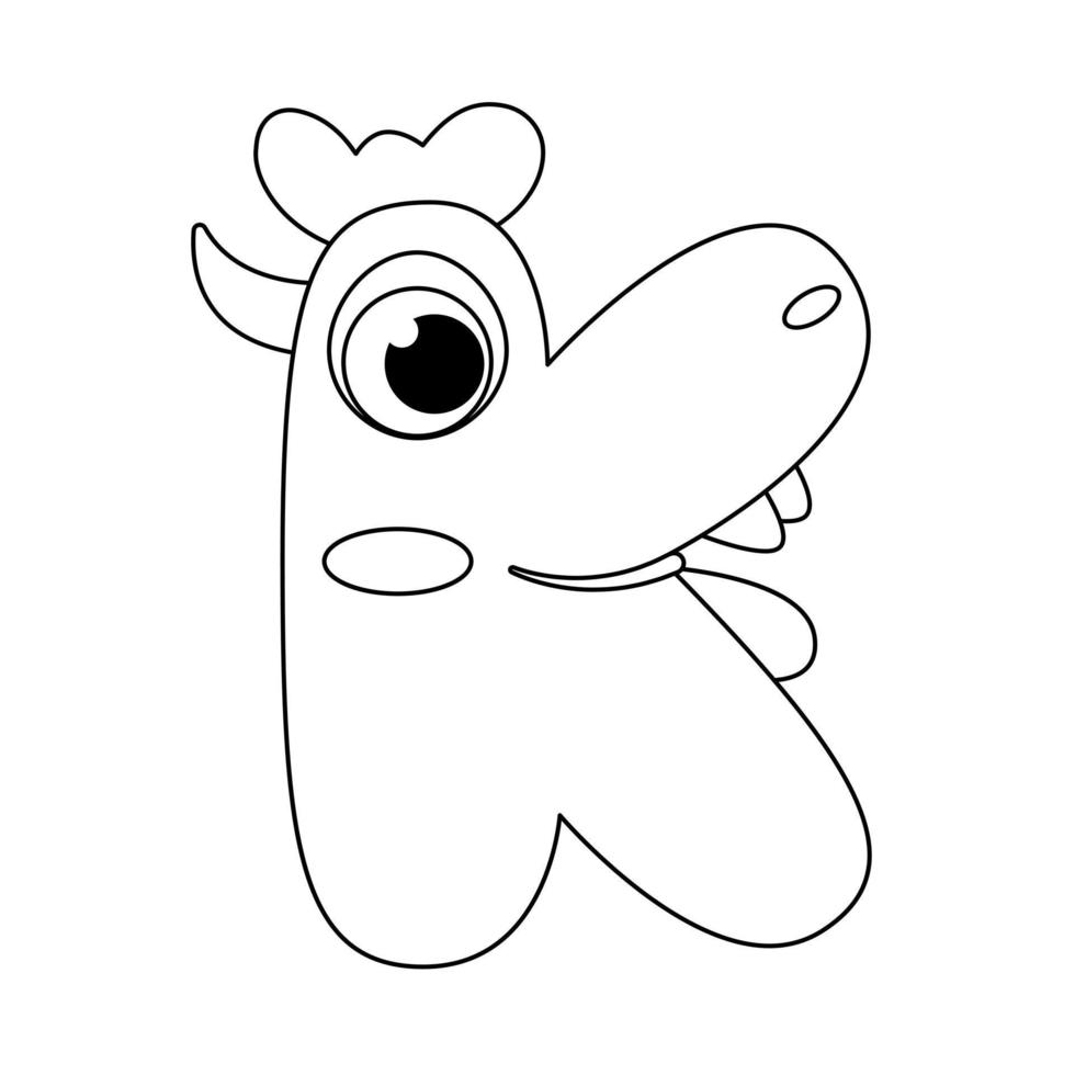 Letter K. Monster english alphabet coloring page book for children with funny and sad monsters. Funny font of cartoon characters vector font letters of comic monster creature faces.