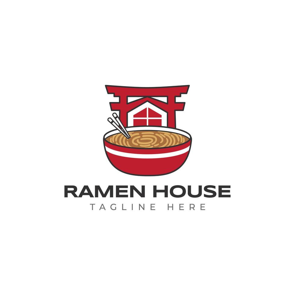 ramen noodle bowl torii house hipster vintage logo vector icon illustration isolated on white background