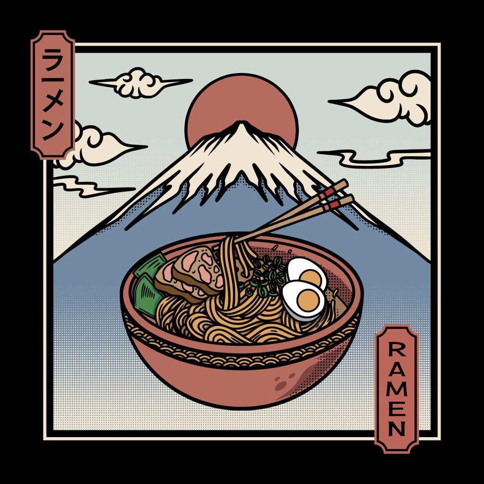 Vector illustration of delicious Japanese ramen noodles on bowl with vintage retro flat style. Japanese Kanji means Ramen