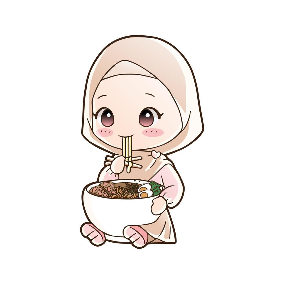 Cute moslem girl eat halal ramen noodles food hand drawn cartoon art illustration. Mascot logo vector style