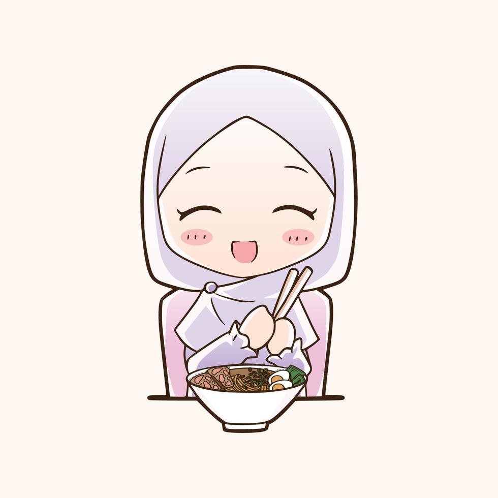 Cute moslem girl eat halal ramen noodles food hand drawn cartoon art illustration. Mascot logo vector style