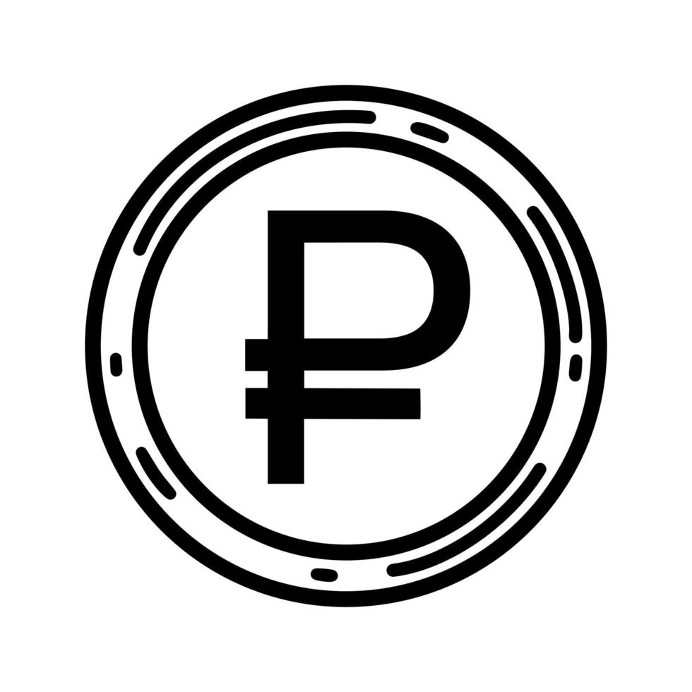 Ruble vector icon. Round metal Russian coin. Cash, currency symbol. Illustration isolated on white background. European money sketch. Bank payment sign. Black and white element