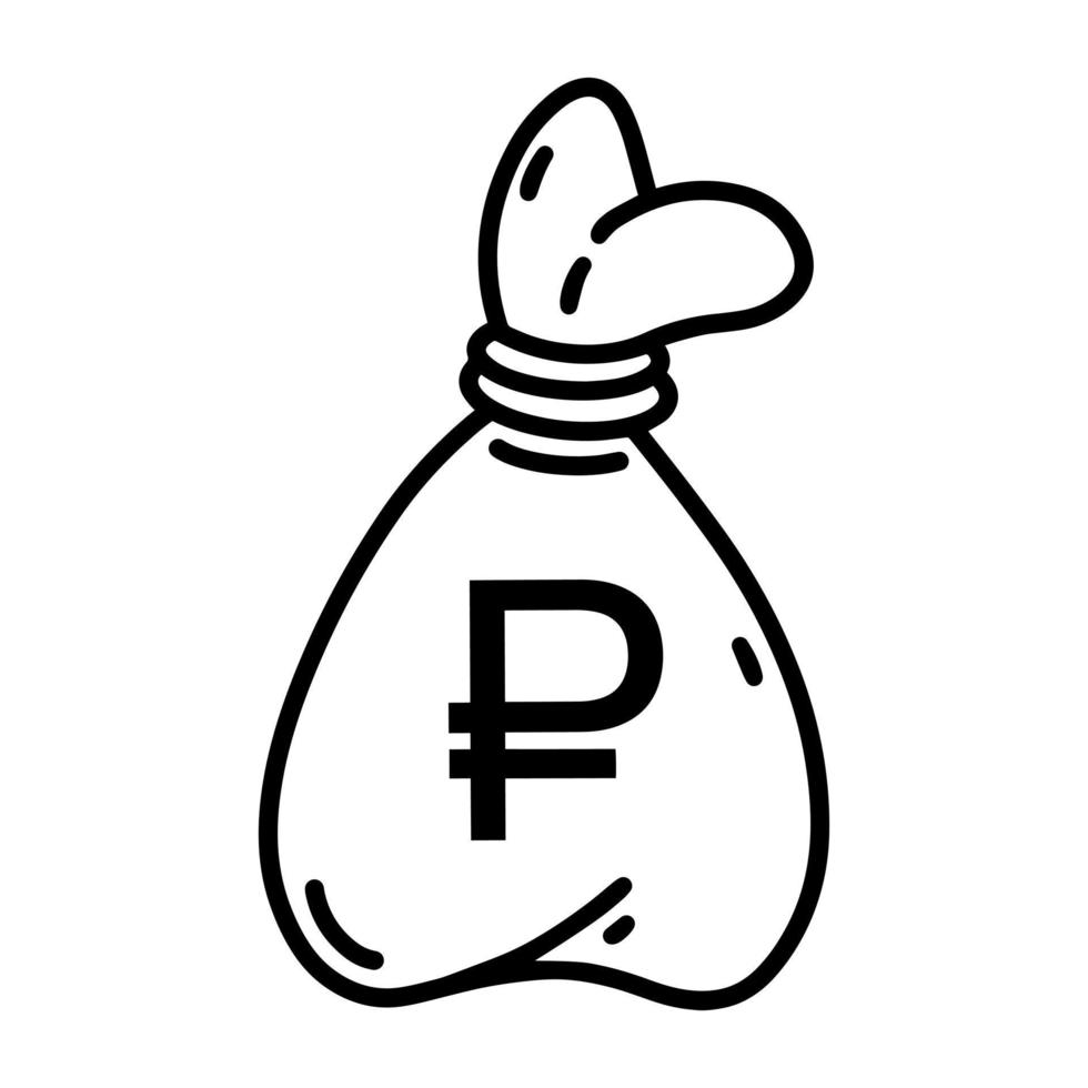 icono de vector de bolsa de dinero. saco con signo de rublo ruso. contenedor de tela atado con una cuerda, bolsa con moneda. efectivo, señal de pago bancario. ilustración aislada en blanco y negro. Imágenes Prediseñadas simples