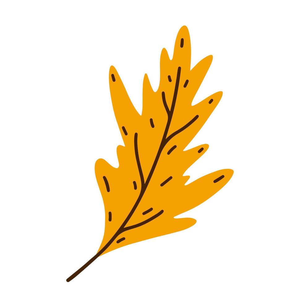 Yellow oak leaf vector icon. Hand drawn veined autumn leaf on a stem. Flat cartoon clipart isolated on white background. Fall botanical illustration, withering leaf of a garden tree