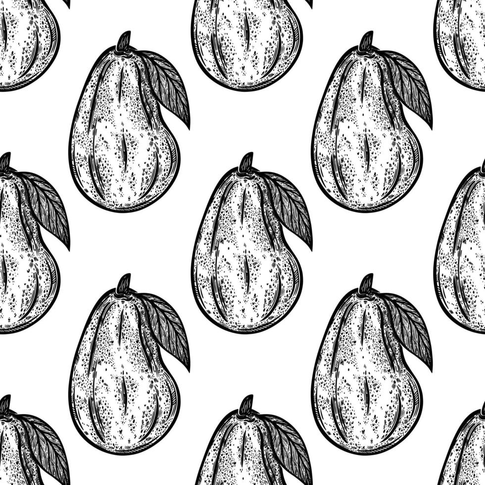 Avocado seamless vector pattern. Whole garden fruit on a branch with a leaf. Hand drawn black and white tropical food sketch. Monochrome outline of fresh vegetable. Engraving style