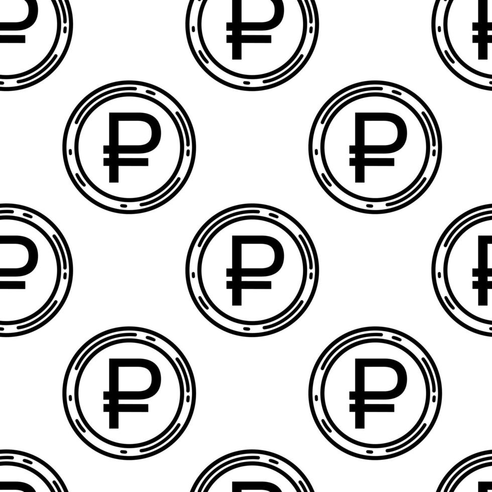 Ruble seamless vector pattern. Round metal Russian coin. Cash, currency symbol. Illustration isolated on white background. European money sketch. Bank payment sign. Black and white backdrop