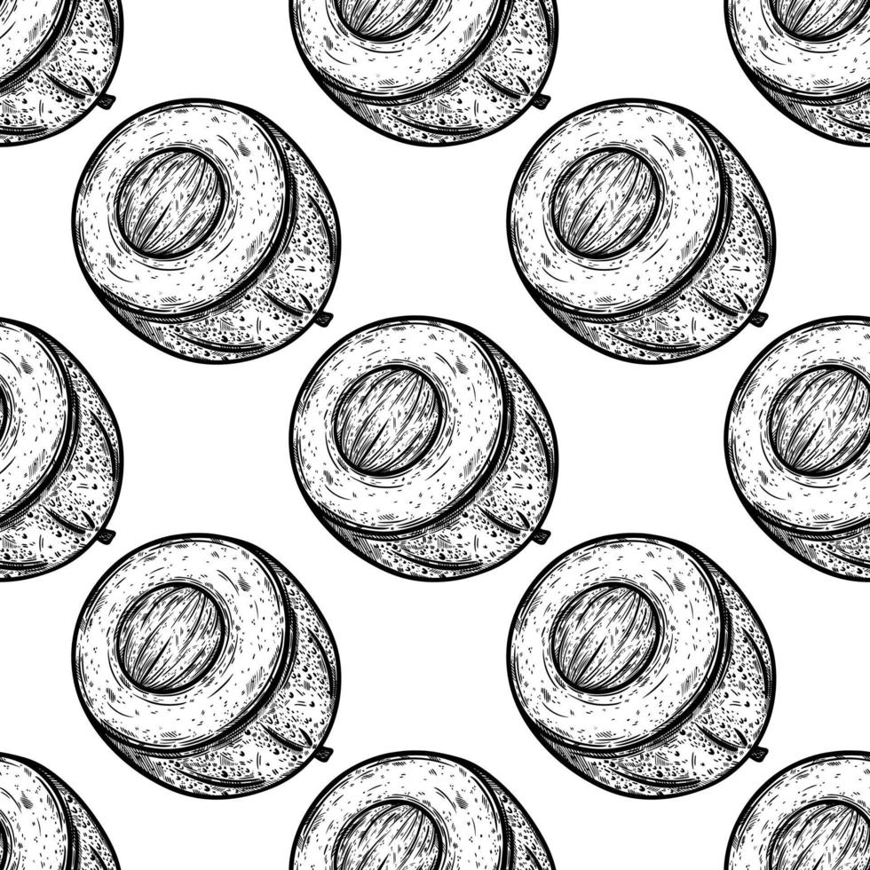 Avocado seamless vector pattern. Half of fresh tropical fruit with seed, ripe pulp. Hand drawn black and white garden food sketch. Monochrome outline of exotic vegetable. Engraving style