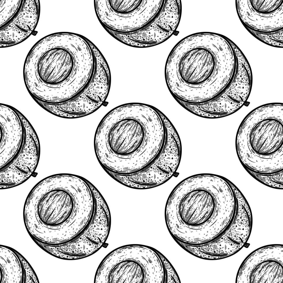 Avocado seamless vector pattern. Half of fresh tropical fruit with seed, ripe pulp. Hand drawn black and white garden food sketch. Monochrome outline of exotic vegetable. Engraving style