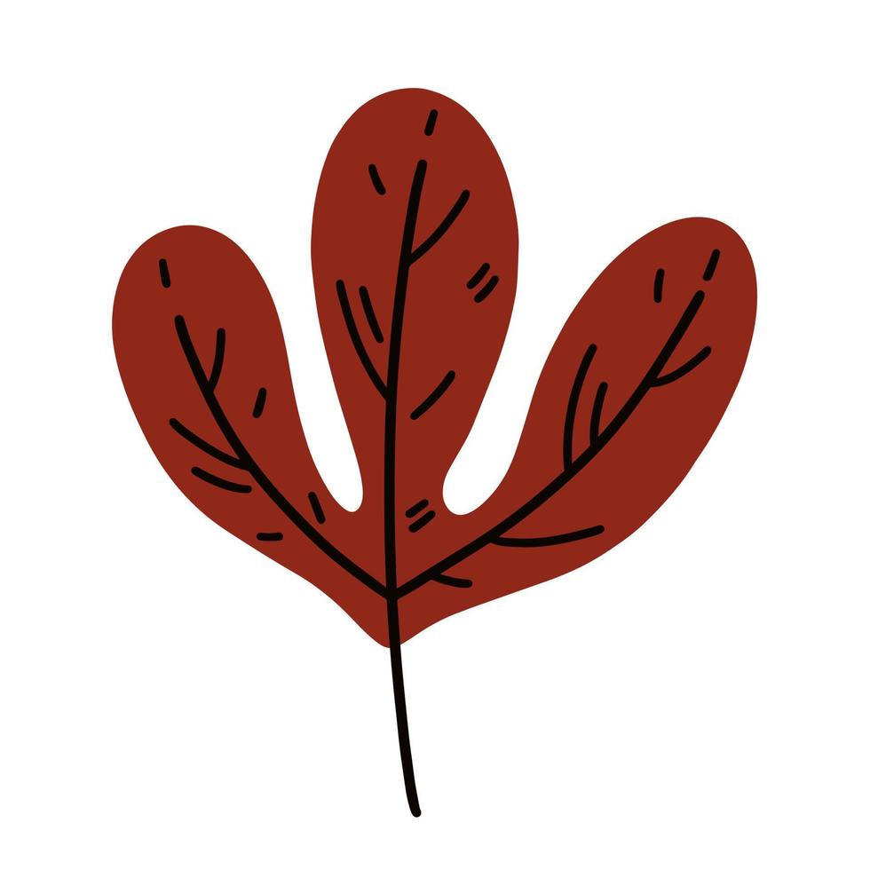 Red autumn leaf vector icon. Hand drawn veined leaf on a stem. Flat cartoon clipart isolated on white background. Fall botanical illustration, withering leaf of a garden tree. Nature concept