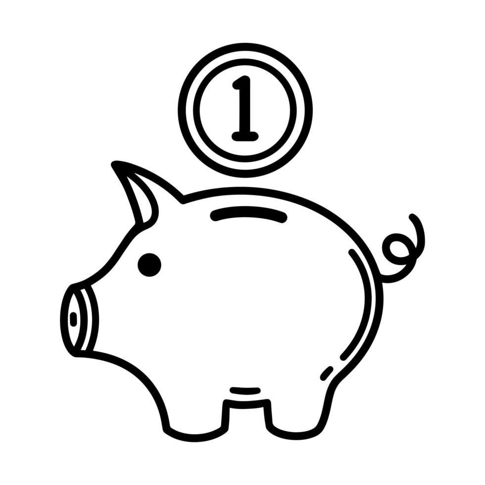 icono de vector de alcancía. linda hucha con una moneda. símbolo de acumulación de moneda, ahorro, inversión. ilustración dibujada a mano aislada sobre fondo blanco. contorno blanco y negro simple