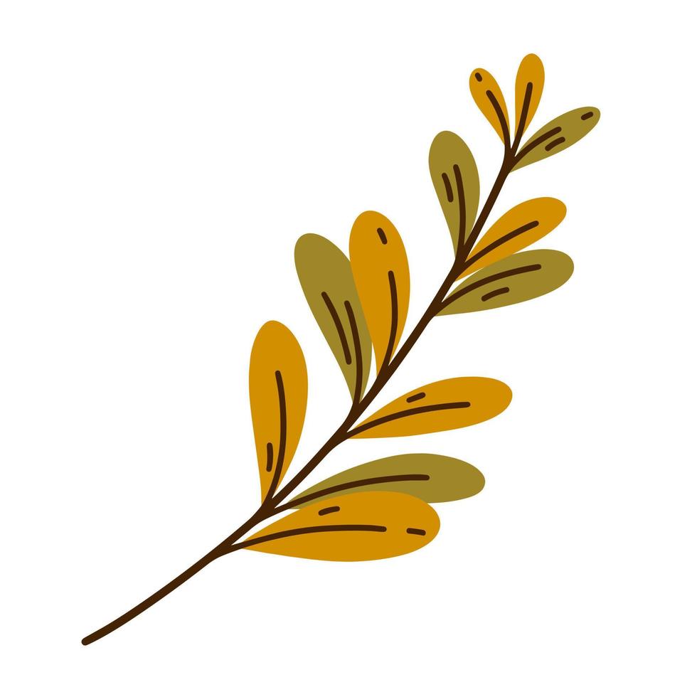 Bright autumn leaves on a branch vector icon.Hand drawn sketch of a field plant.Green and yellow foliage on a twig, flat cartoon doodle. Seasonal clipart isolated on white. Fall botanical illustration