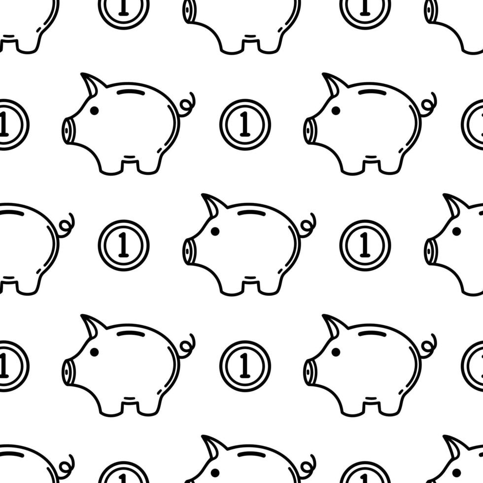 Piggy bank seamless vector pattern. Cute money box with a coin. Symbol of currency accumulation, saving, investing. Simple illustration isolated on white background. Black and white sketch, outline