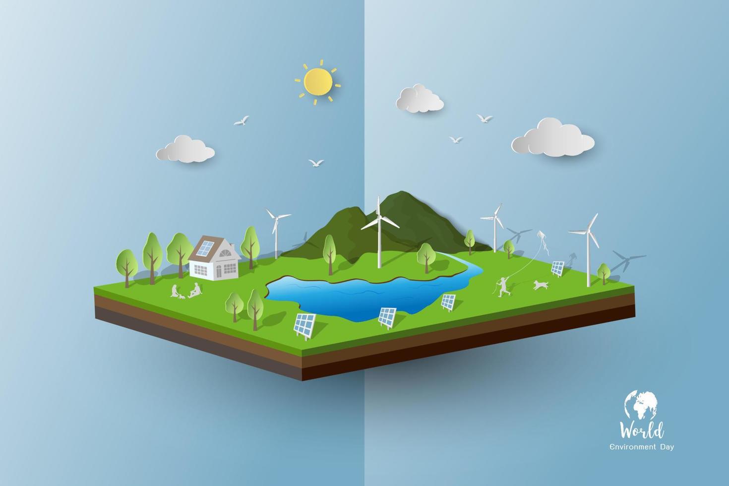 Eco friendly and green energy with house,solar panels and wind turbines,family happy and relax with green nature on isometric landscape background vector