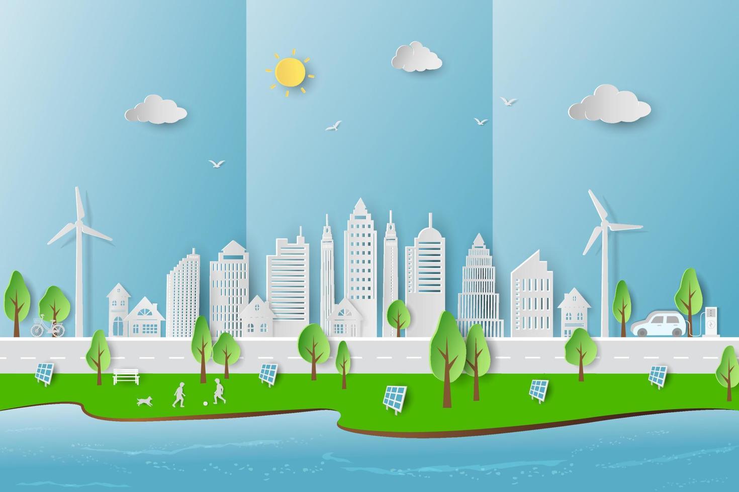 Eco friendly and green energy concept with eco city on paper art style vector