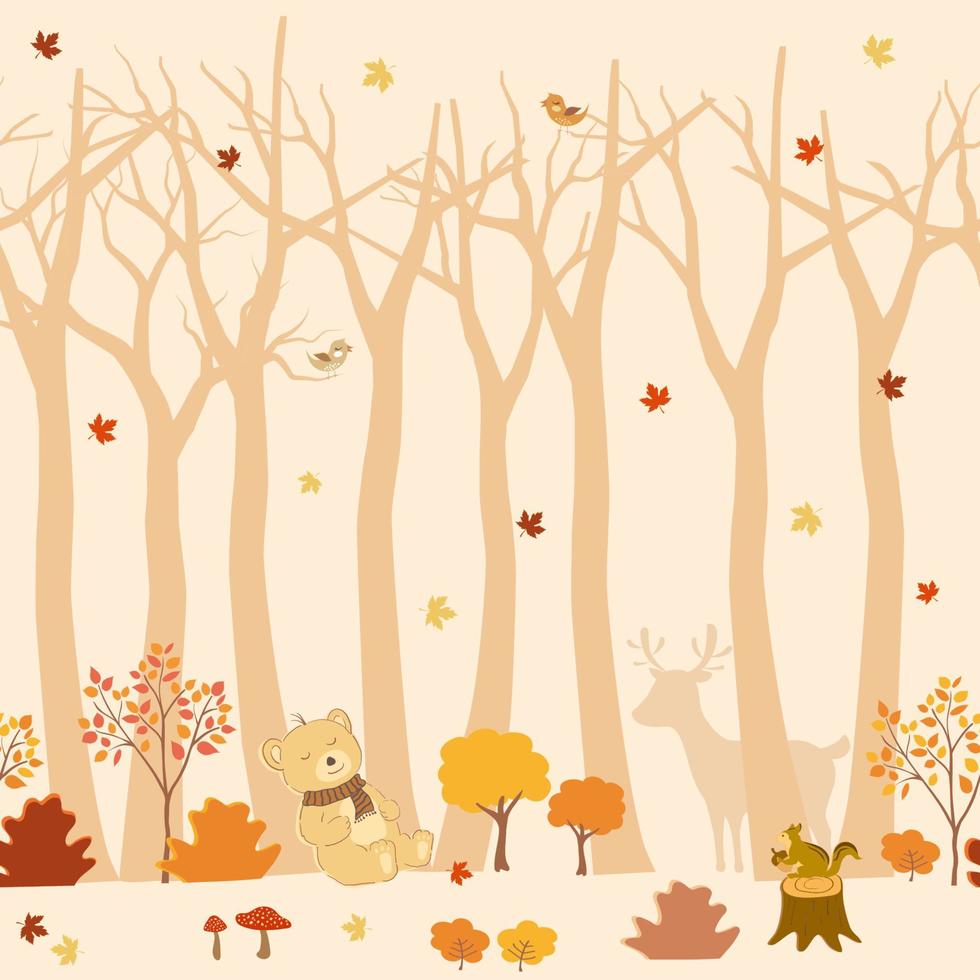 Cute animals wildlife on autumn forest seamless pattern design for wallpaper,fashion,fabric,textile,kid product and all print vector