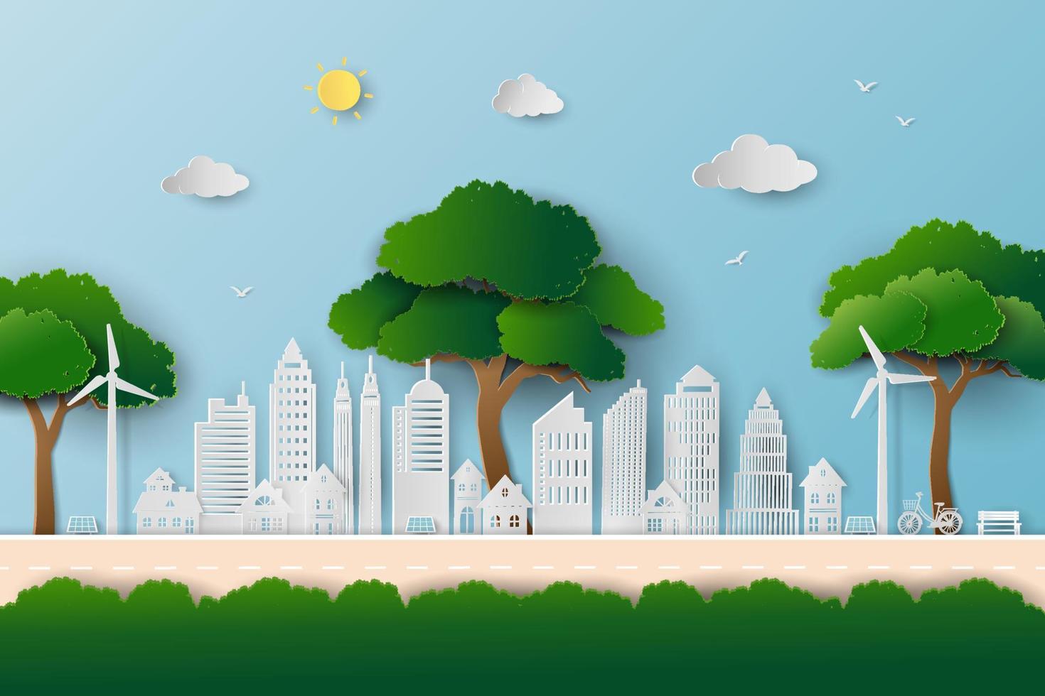 Eco friendly and save the environment conservation concept,landscape with clean city and big trees on paper art style vector