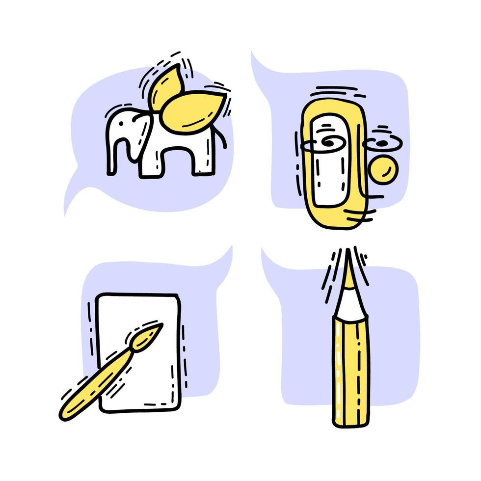 establecer pictogramas de concepto de símbolo creativo de ilustración en color azul y amarillo estilo doodle. lápiz, papel y pincel, art. vector